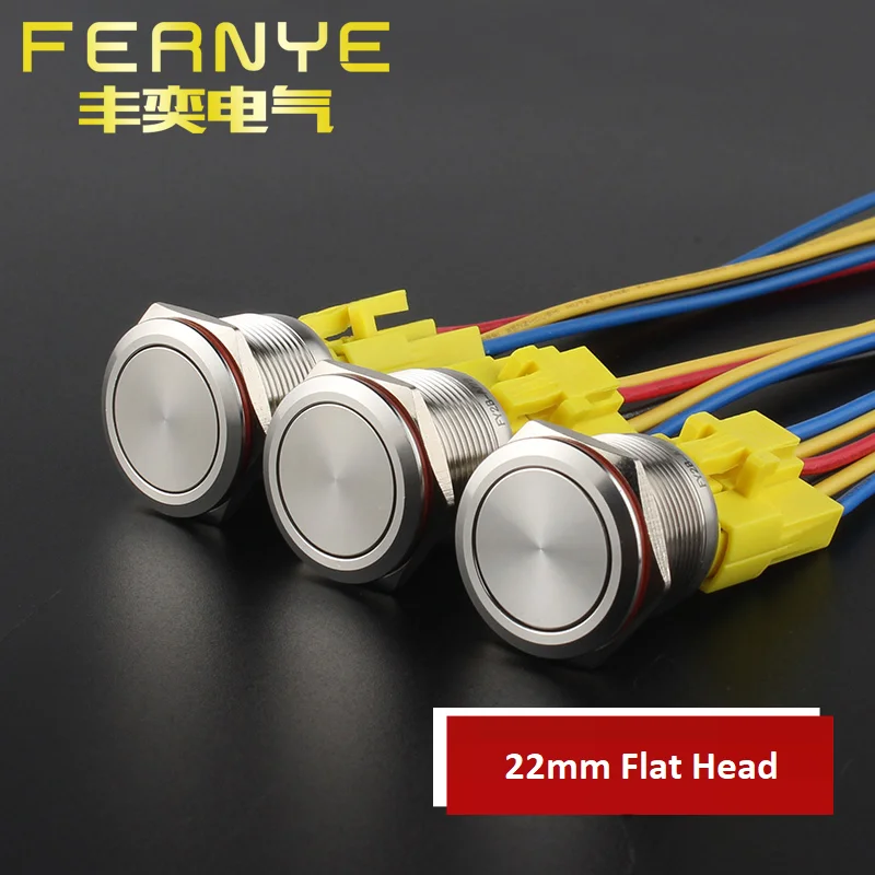 

22mm Metal Push Button Switch Waterproof Self locking/Momentary Flat Head No Led Light Switch 4 Pins with Connector