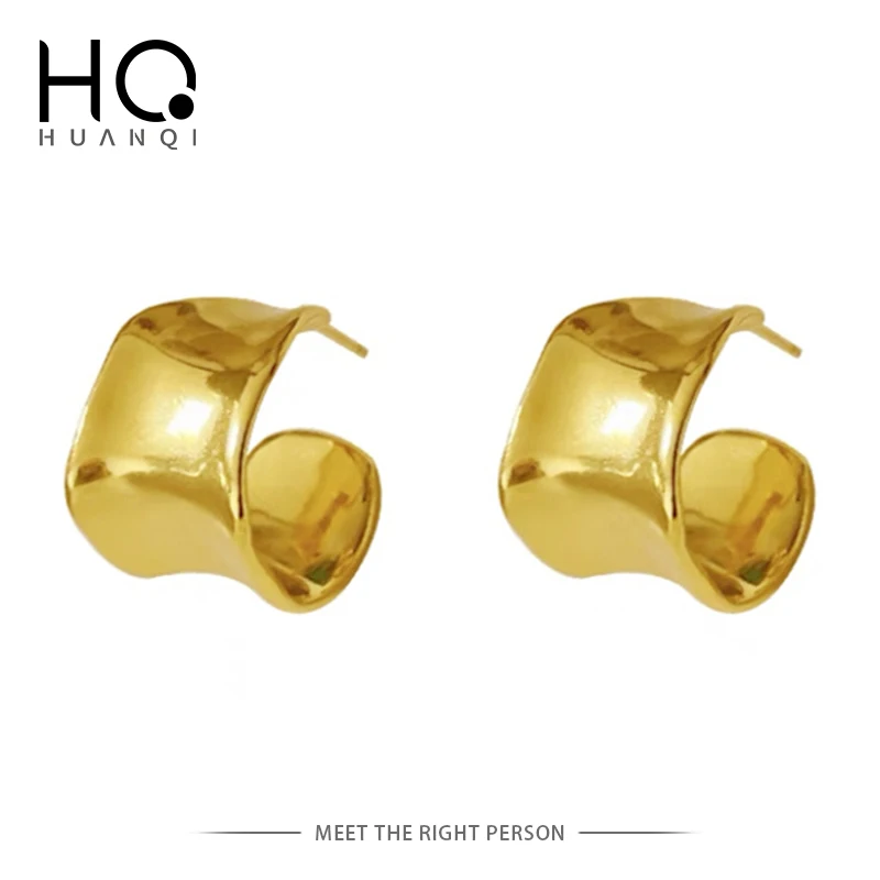

HUANQI Fashion Concave Irregular C-shaped Width Metal Stud Earrings for Women Gold Color and Silver Color Glossy Jewelry