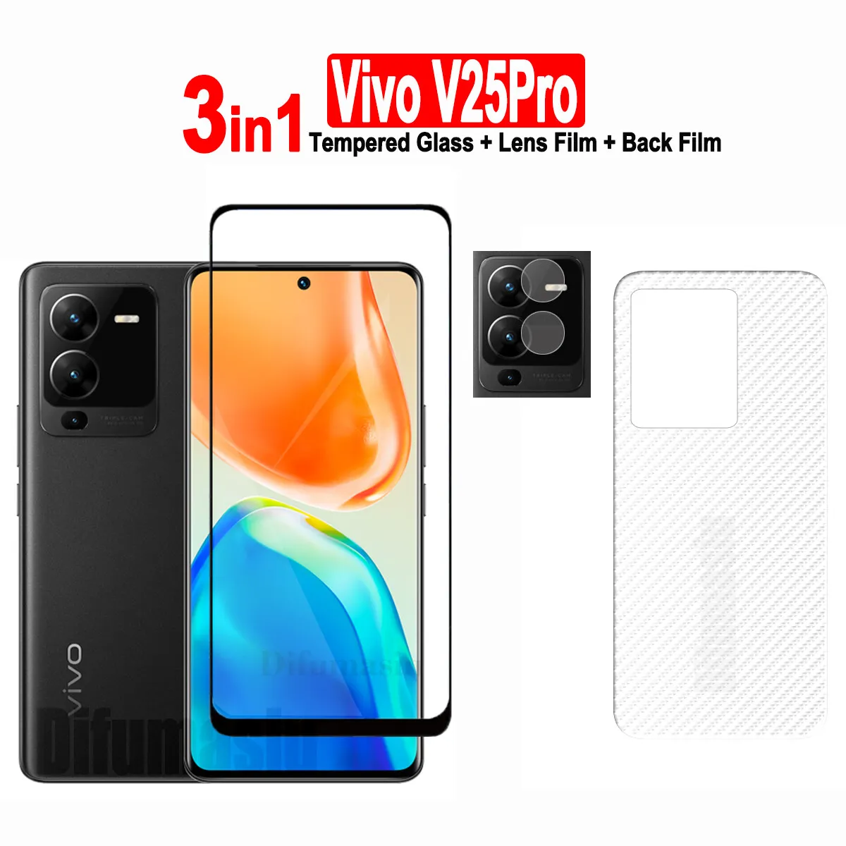 Закаленное стекло для Vivo V25Pro защита экрана 3 в 1 мягкая пленка задней крышки