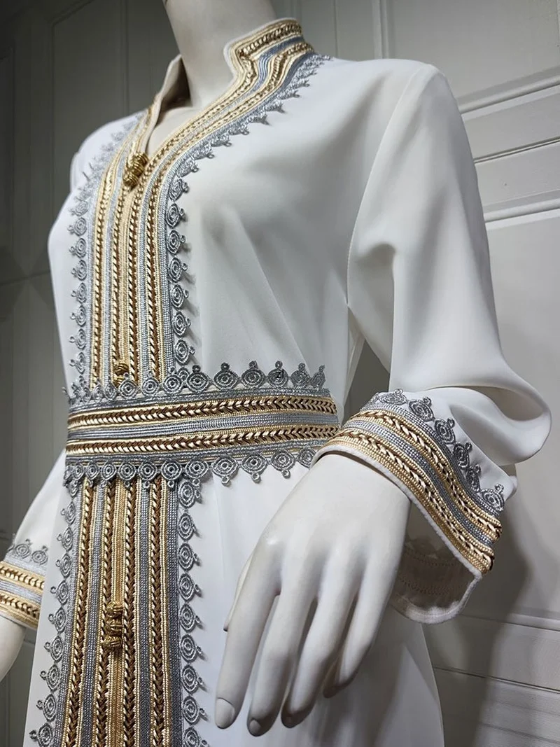 Evening Kaftan Long Dress Women Lace Trimming Arabian Abaya+Inner Slip Dress Muslim Dubai Saudi Jalabiya Wedding White Abayas