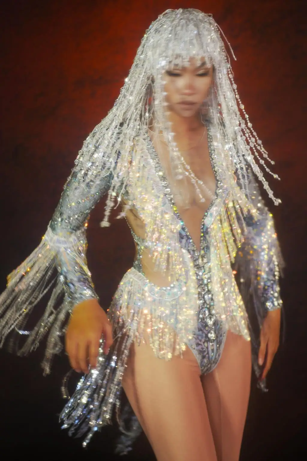 Серебряные блестки с бахромой телесного цвета Сексуальная женская вечерняя