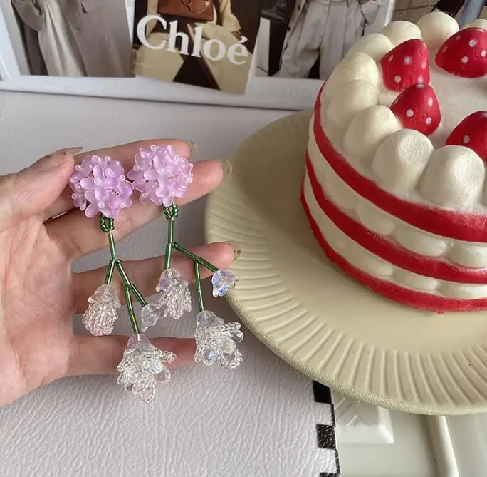 

Весенне-летние розовые серьги с цветами ручной работы с бусинами в виде растений для девушек свежие индивидуальные милые модные ювелирные ...