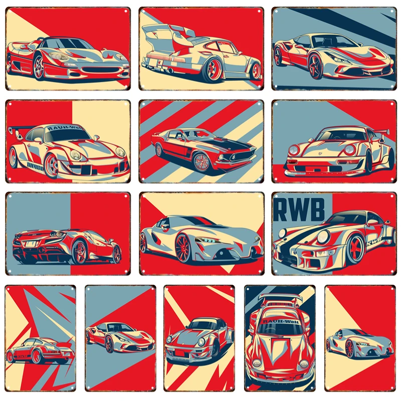 

Geometric Style Sports Car Metal Poster Signage Tin Painting Vintage Car Plaque Home Garage Club Bar Modern Wall Art Decor Mural