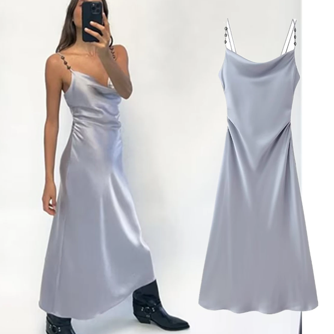 

Dave&Di French Fashion Blogger Rhinestone Shoulder Strap Dress Elegant Satin Sky Party Blue Midi Dress Women