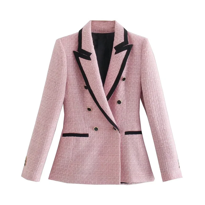 

Women Elegant Pink Texture Double Breasted Tweed Blazer Long Sleeve Pockets Coats Female Fashion Streetwear Tops
