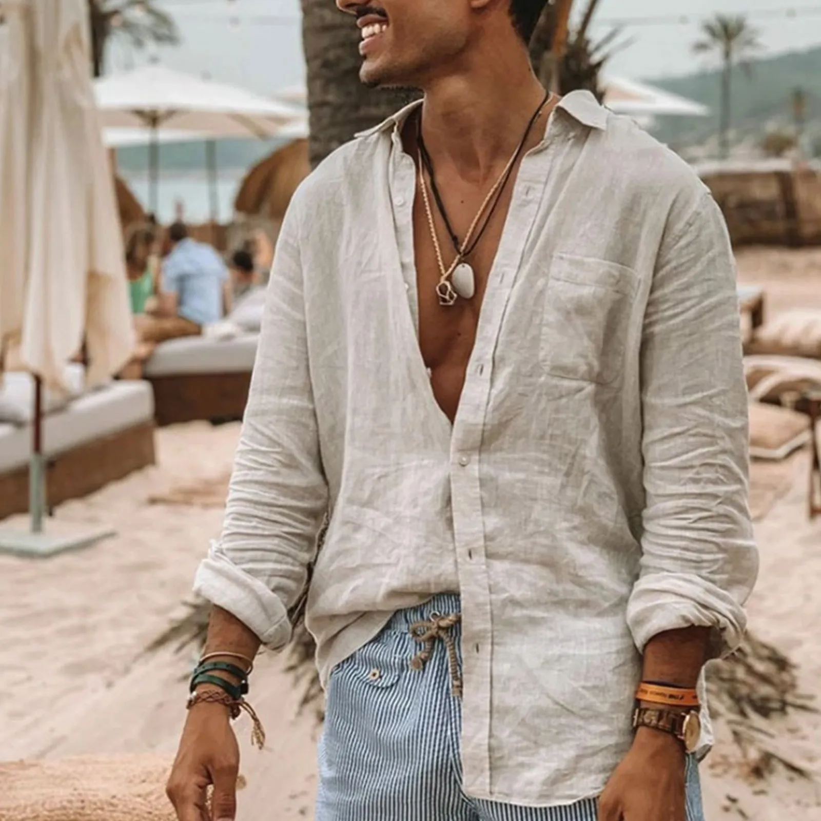 

Рубашка мужская из хлопка и льна, свободная блузка с длинными рукавами, винтажный кардиган на пуговицах, летняя одежда