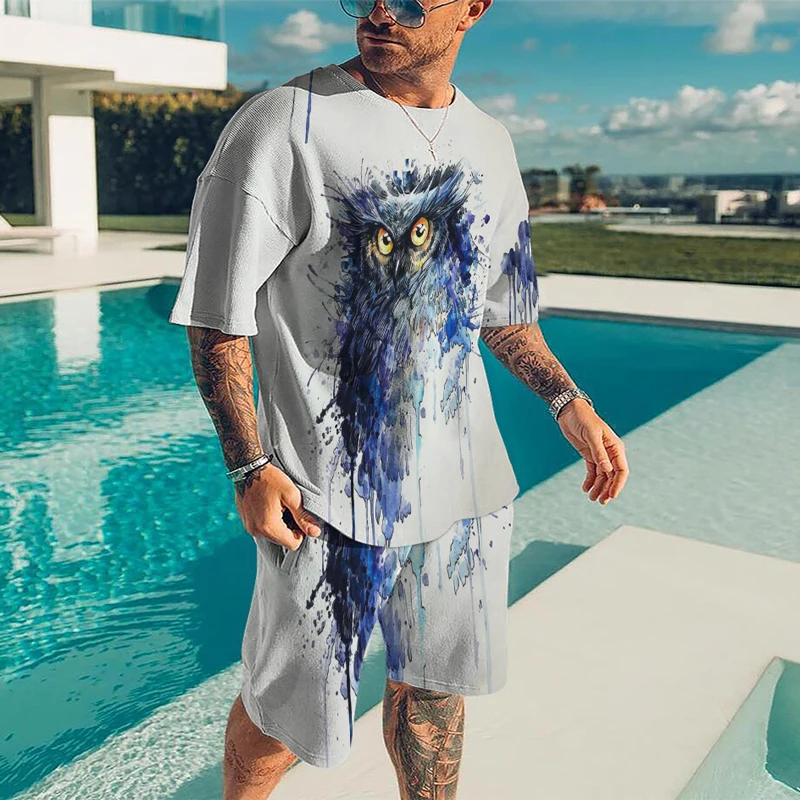 

Summer Man Sets Owl 3D Print Designer Short Sleeve Custom T Shirts Retro Oversized Tracksuit Beach New Fashion Shorts 2022 Tee
