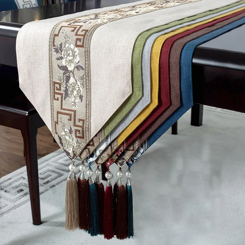 

Cotton Linen Jacquard Table Runners Chinese Style Table Runner with Tassels,Waterproof Oilproof Decorative Table Flag Home Hotel