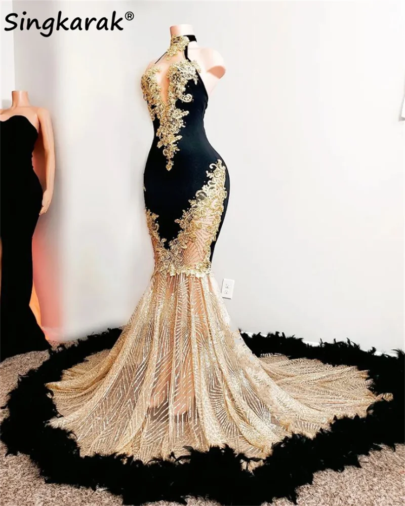 

Luxury Black Mermaid Prom Dresses 2023 Pearls Lace Feathers Crystals Birthday Party Dress Sparkly Wedding Gowns Robe De Bal