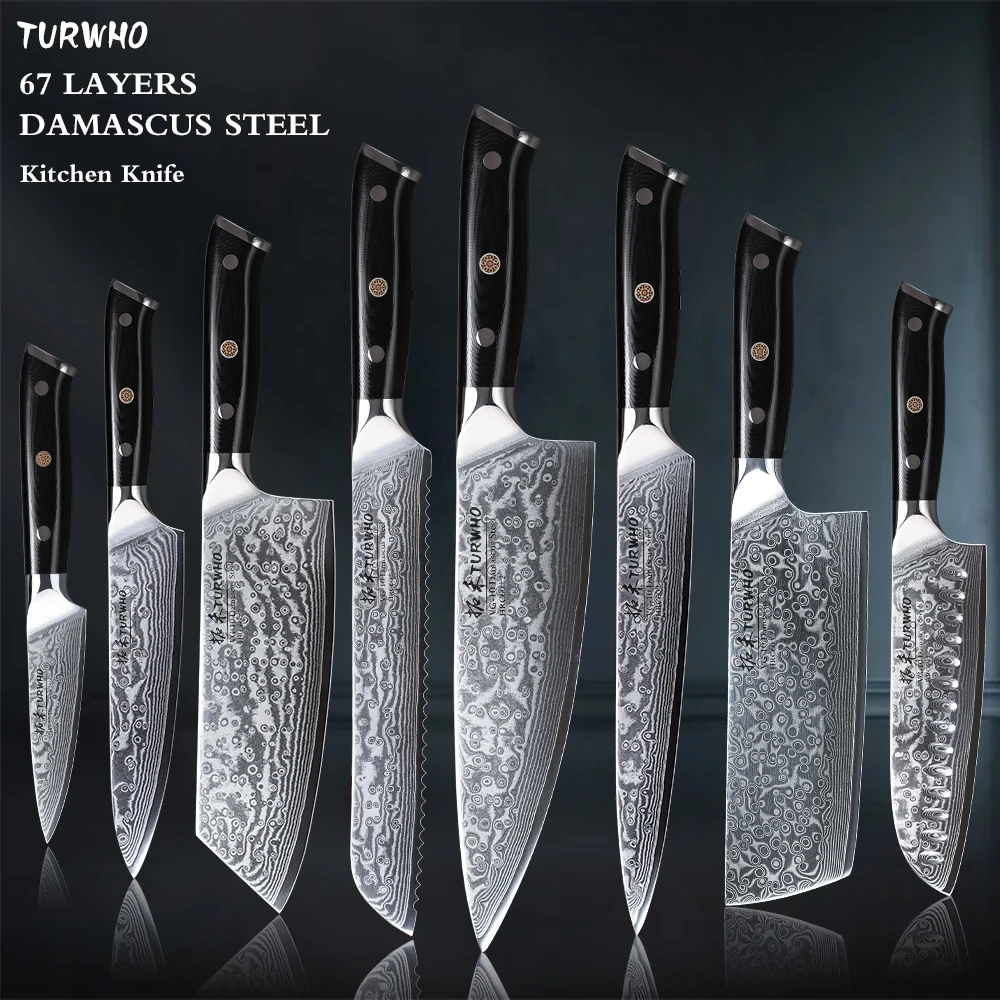 

TURWHO-Damascus Steel Kitchen Knives Set,Chef Knife,Japanese VG10 Nakiri Santoku Cleaver,Slicing Utility Knife,67 Layer, 1-6 Pcs