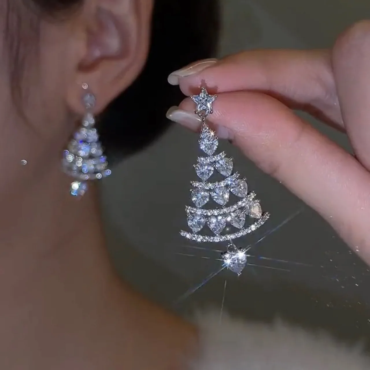 

Christmas Tree Luxurious Earrings Female Silver Needle Earrings Temperament All-Match Thin Face Evening Party Earrings for Women