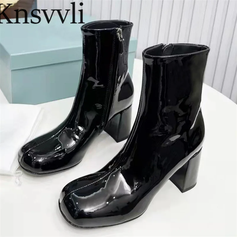 

Black Chunky Heels Ankle Boots For Women Genuine Leather Runway Shoes Women High Heels Short Boots Woman Botas Mujer