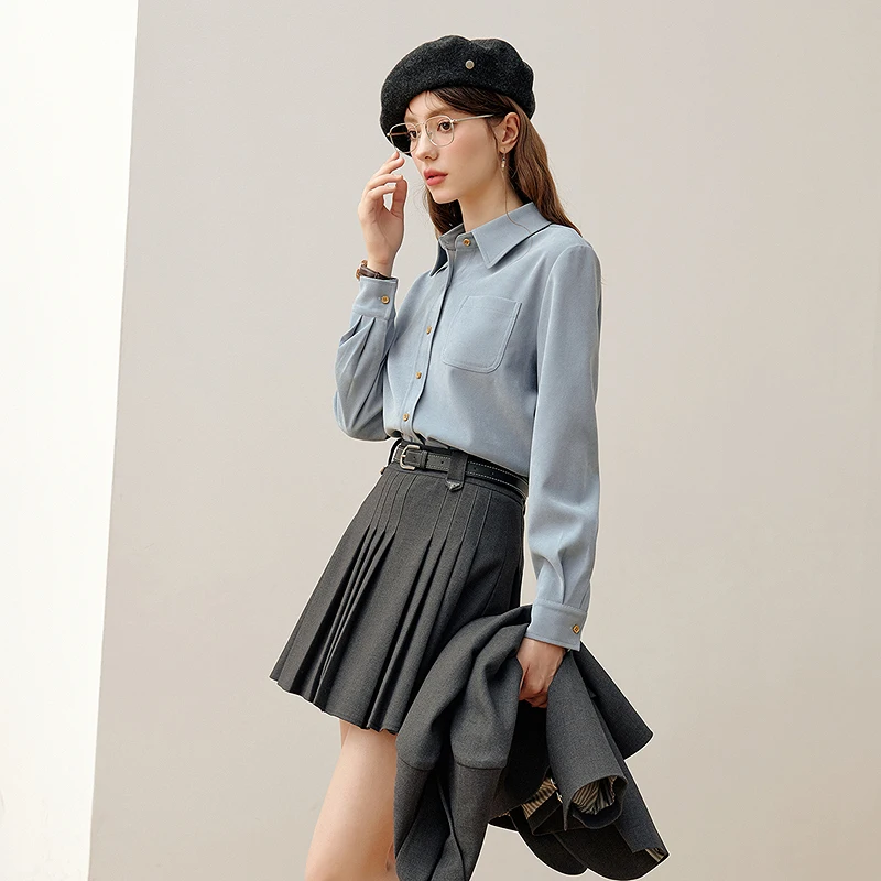 Рубашки Kbne синяя рубашка в стиле ретро с длинными рукавами новинка 2024