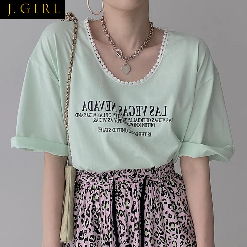 

J GIRLS Loose Casual Short Sleeve T Shirt Women Lace Crew Neck Letter Print Contrast Color Top Summer All Match Womens Tops