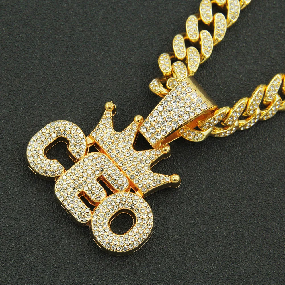 

Men Women Hip Hop CEO Letter Pendant Necklace with 13mm Crystal Cuban Chain Iced Out Bling HipHop Necklaces Fashion Jewelry