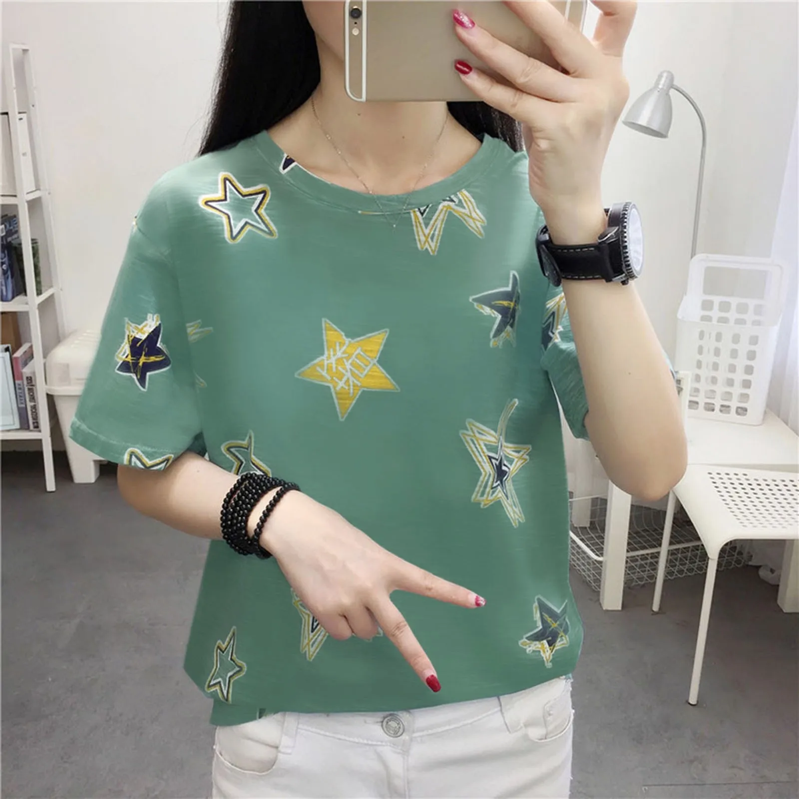 

Tops Tunic Women Sleeve T-Shirt Casual Printed Girls Loose Blouse Star Short Women's Blouse