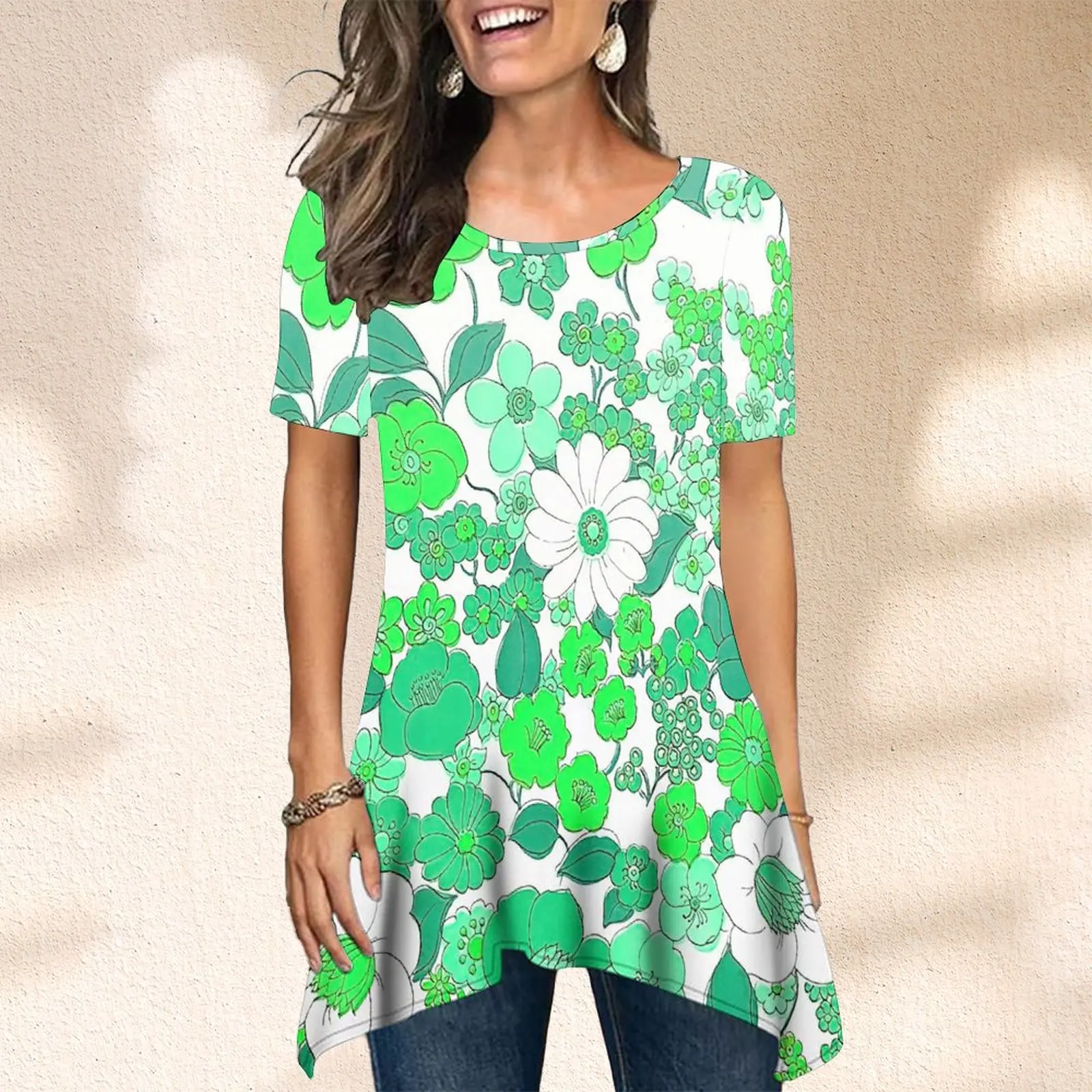 

Женская летняя блузка с коротким рукавом, новинка, женский топ с графическим цветочным принтом, футболка