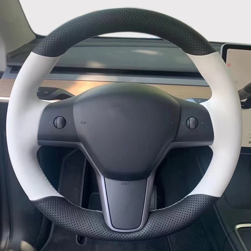 Nappa leather Braid for Tesla Model 3 Model Y Car Accessories Car Styling Alcantara Steering Wheel Case Steering Wheel Cover