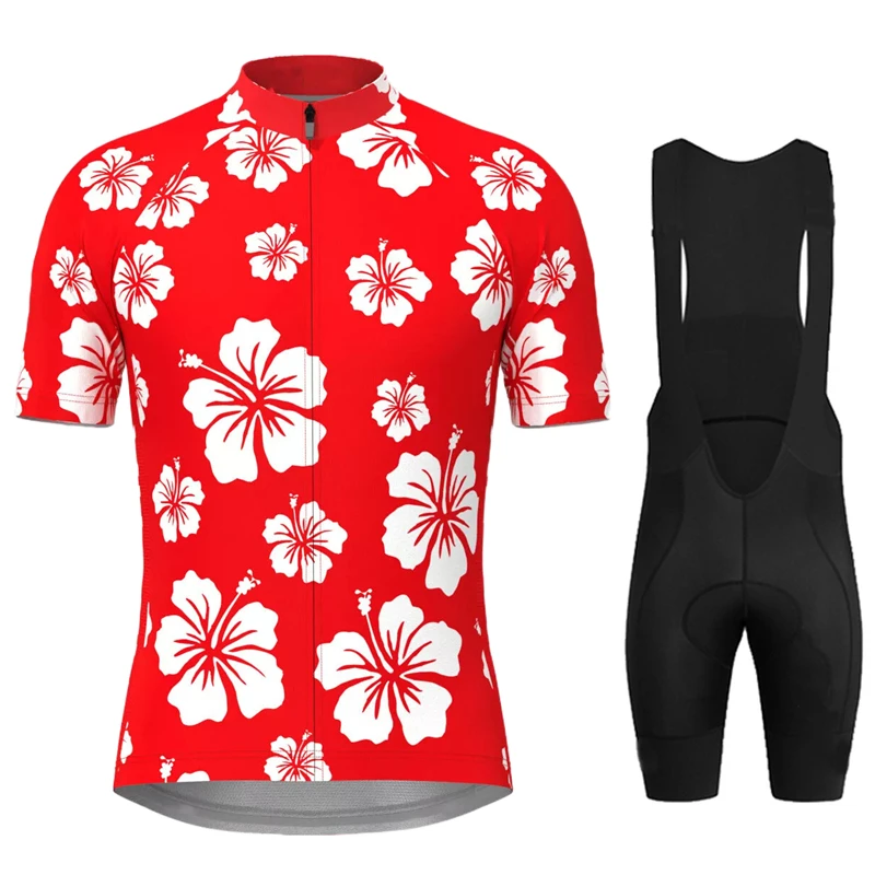 Men's Red Flowers Cycling Jersey Sets Summer Breathable Team Racing Sport Bicycle Jersey New Cycling Clothing Short Bike Jersey