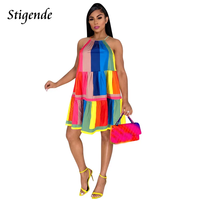 

Summer Loose Fit Rainbow Color Dress for Women Spaghetti Strap Patchwork Mini Dress Casual Bodycon Sleeveless a Line Cami Dress