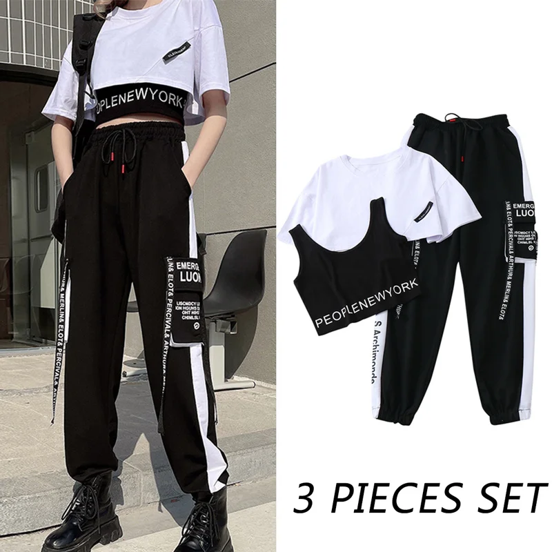 

Egirl 3 Pieces Sets With Cargo Pants Alt Clothes Women Gothic Pants T-shirts Suit Techwear Joggers Streetwear Sweatpants Emo