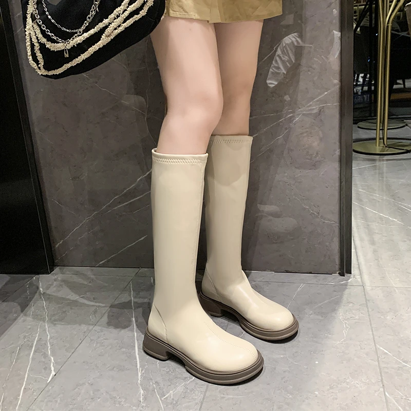 

Туфли с круглым носком, высокий каблук, роскошные дизайнерские ботфорты на молнии, Лолита, резиновая подошва, пикантные белые, осень