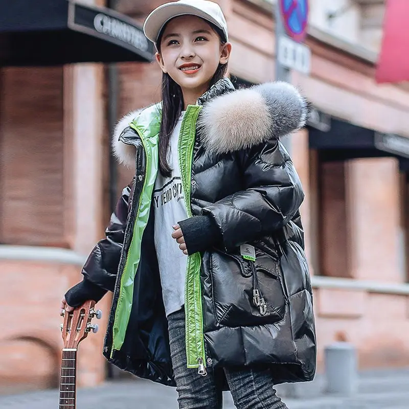 

2023 Girl Winter Clothes Teen Girls Long Jacket Outwear Children Cotton-padded Jacket Warm Coat Fur Hooed Snowsuit Kids 5-12Y