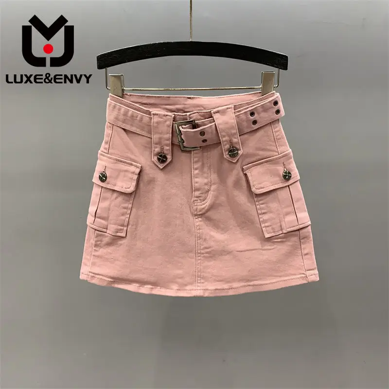 

LUXE&ENVY Pink Girl Work Dress Denim Half Skirt Women 2023 Summer High Waist Slim A-line Wrap Hip Skirt Short Skirt