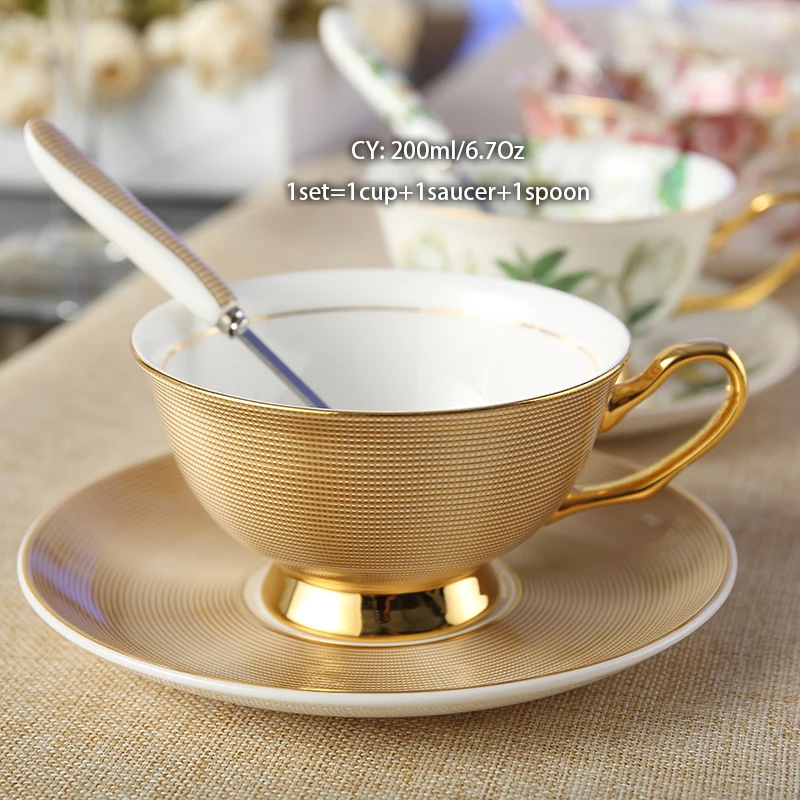 

200ml Luxury Ceramic Mug Top-grade Porcelain Tea Cup Cafe Party Drinkware Europe Noble Bone China Coffee Cup Saucer Spoon Set