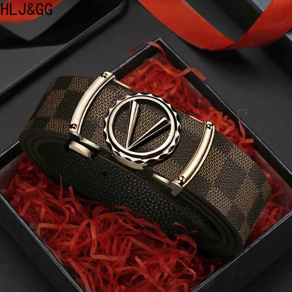HLJ&GG  Man's High Quality Classic Letter V Automatic Buckle Belts Business Dress Jeans Matching Split Leather Belt For Man New