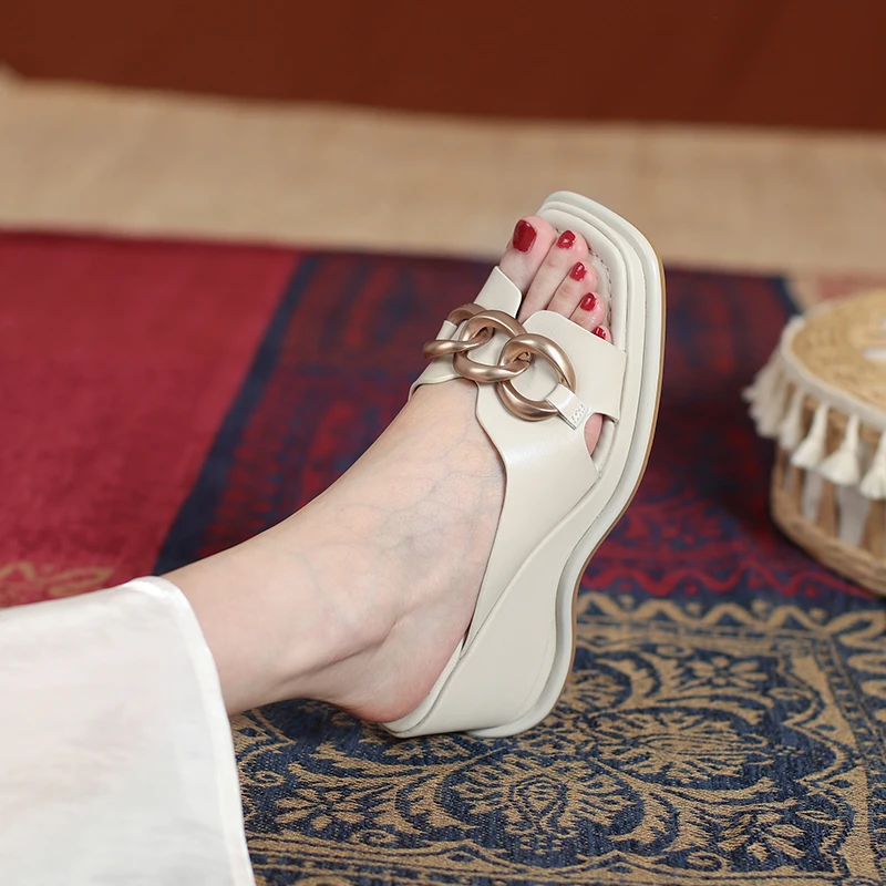 

2022 Women's Slippers natural leather 22-24.5cm cowhide upper full leather Wedge Heel Chain summer slipper lazy slippers