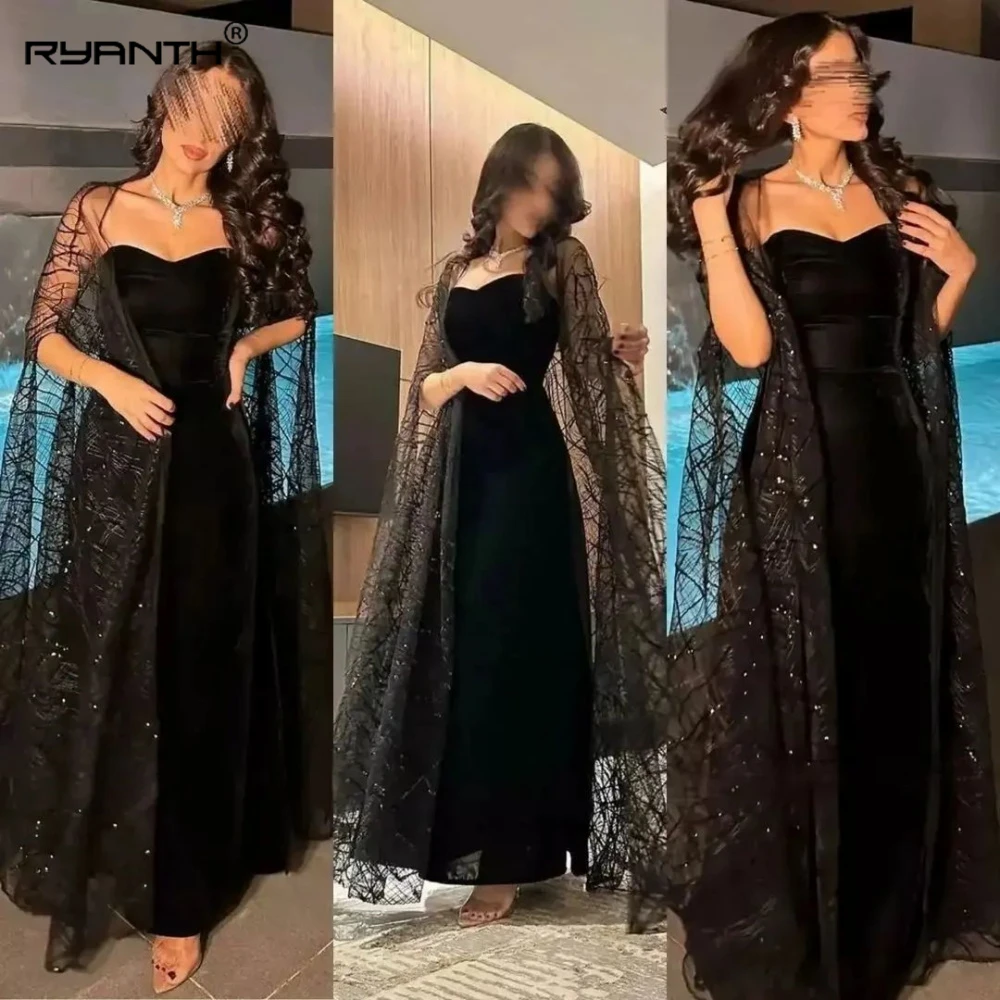 

Ryanth Elegant Off Shoulder Robe De Soirée Satin Sequined Evening Gown Custom Made Formal Party Dress Strapless Black Prom Dress