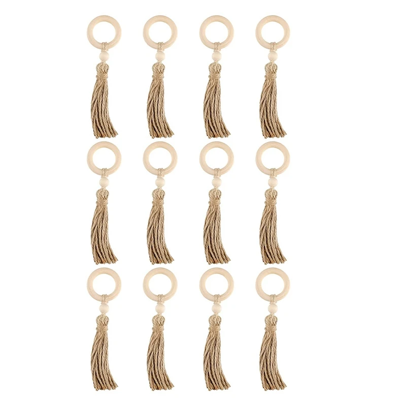 

BMDT-12 Pieces Wooden Napkin Rings With Tassels Handmade Napkin Holder Boho Farmhouse Napkin Buckle For Weddings Party Decor