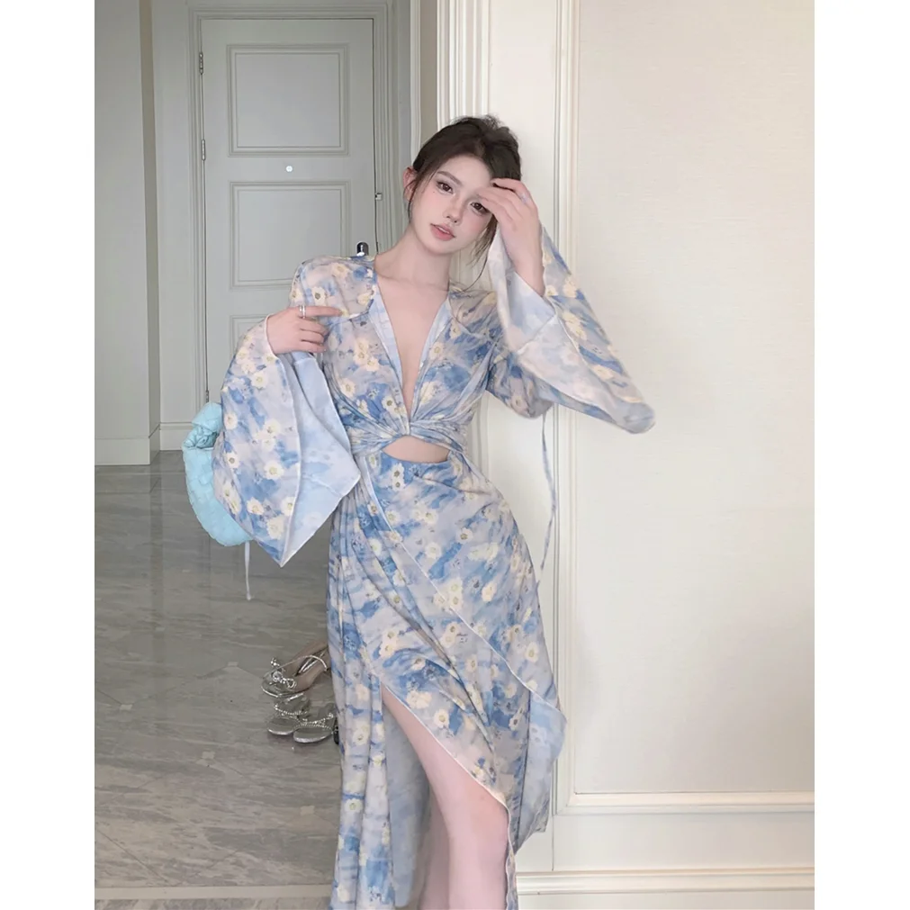 

French retro elegant floral mid-length dress Office women beach Fashion casualslim dress womeneven party dressKorean Summer 2023