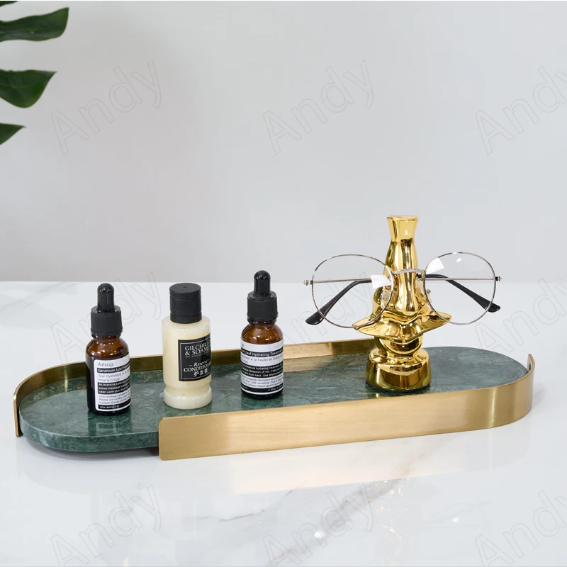 Natural Marble Storage Tray Gold Plated Frame Handle Bedroom Cosmetic Container Living Room Desktop Cutlery Tray Home Decoration