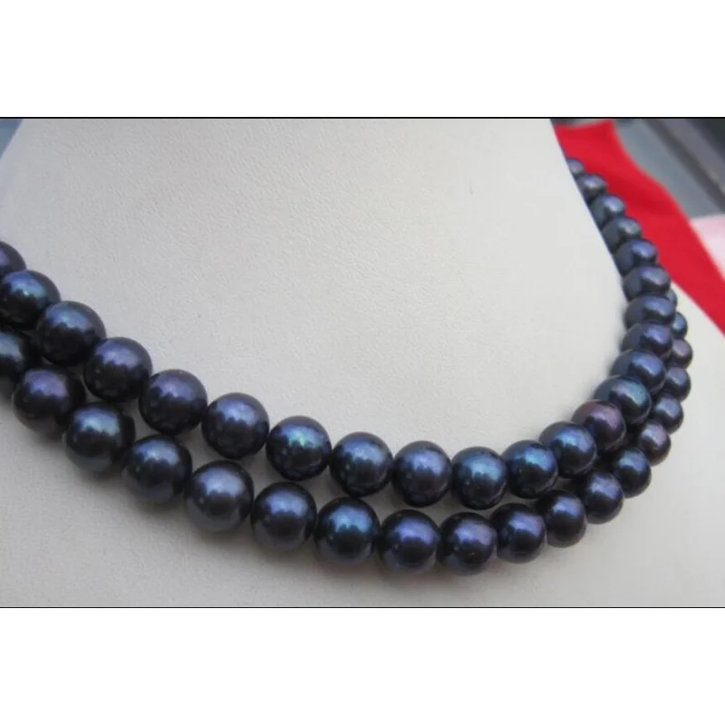 

2 ROW 9-10MM TAHITIAN NATURAL BLA PEARL NELACE YELLOW GOLDEN 18-19"