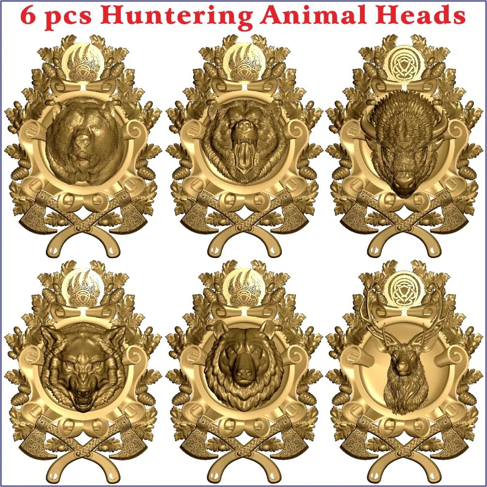6 pcs Bear_Bison_Deer_Grizly_Wolf decor 3d STL Model Relief for CNC Router Aspire Artcam_Huntering Animal Heads