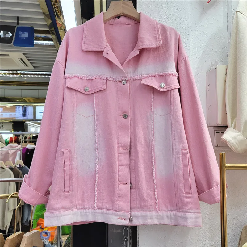

Spring Fashion Tie Dye Denim Jackets Women Loose Mid Long Frayed Cowboy Outerwear 4 Color Big Pocket Jeans Jacket Coat Female