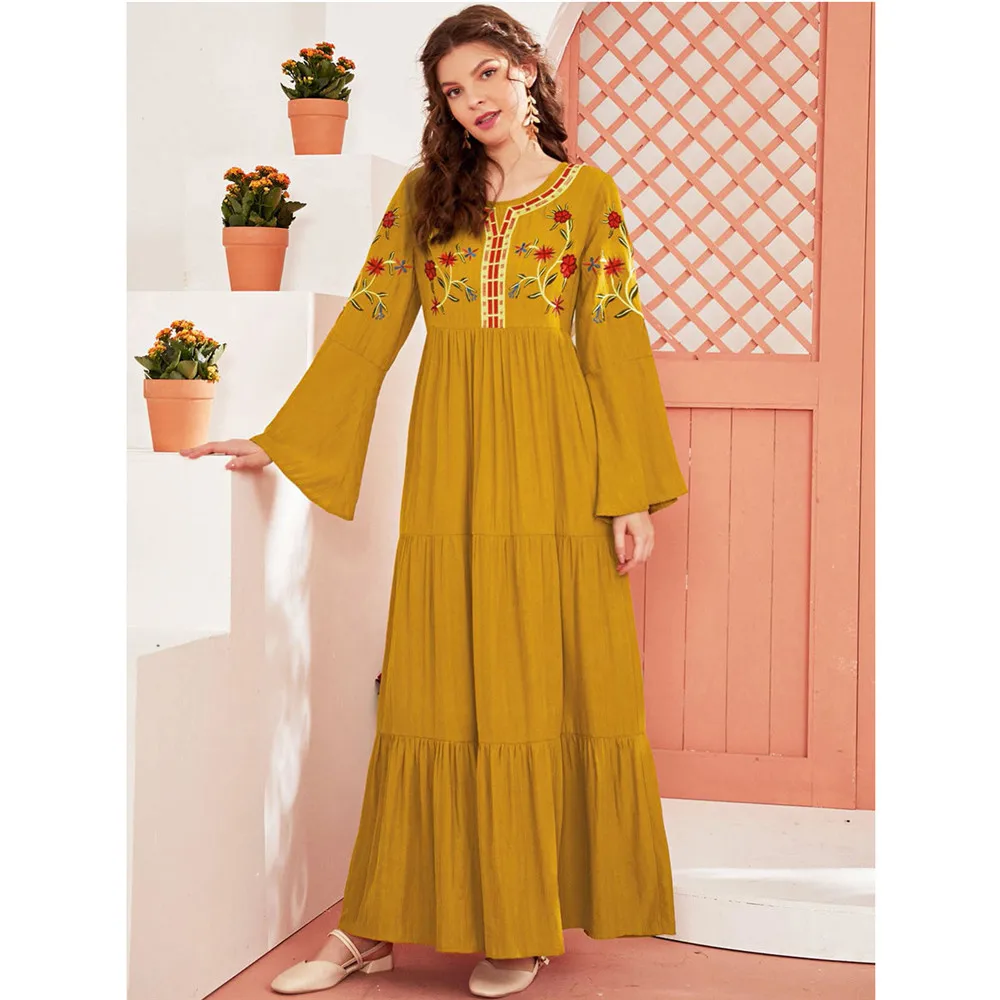 

Muslim Women Abaya Embroidery Long Dress Dubai Kaftan Islamic Flower Jilbab Arabic Robe Turkey Caftan Ramadan Eid Mubarak Abayas