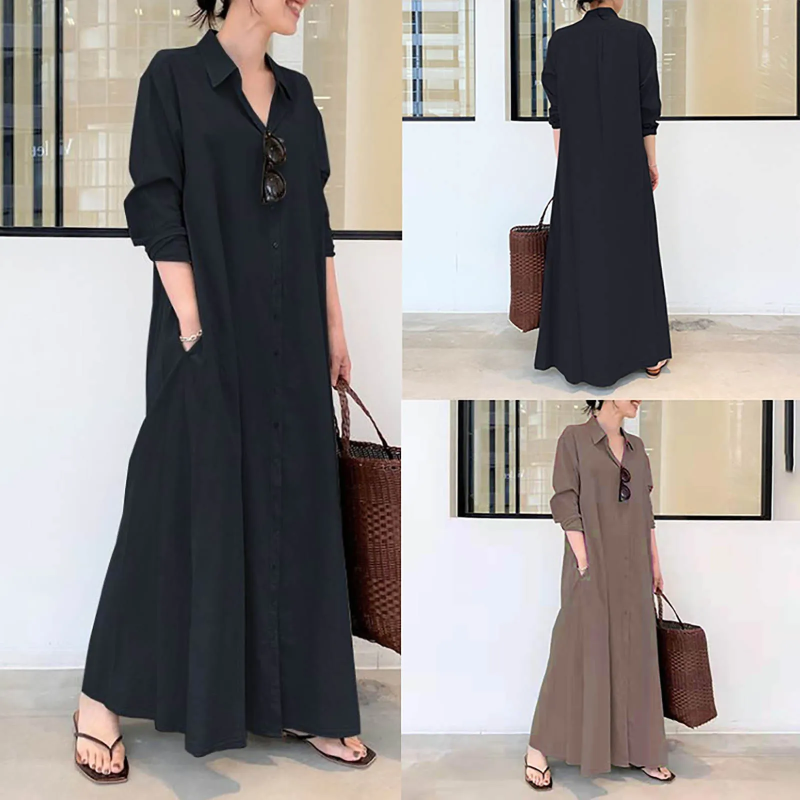 

Платье-рубашка женское длинное на пуговицах, Модный хлопковый кардиган свободного кроя, повседневное длинное платье с лацканами и длинным рукавом, на лето