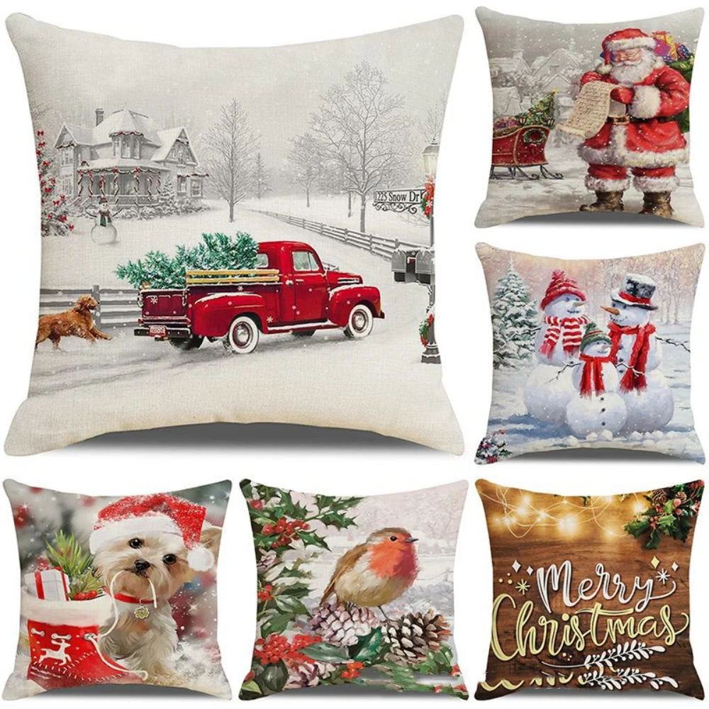 

Christmas Decor Pillow Covers 18x18 Inches Animals Snowman Printed Cushion Cover Winter Holiday Party Decorative Pillowcase