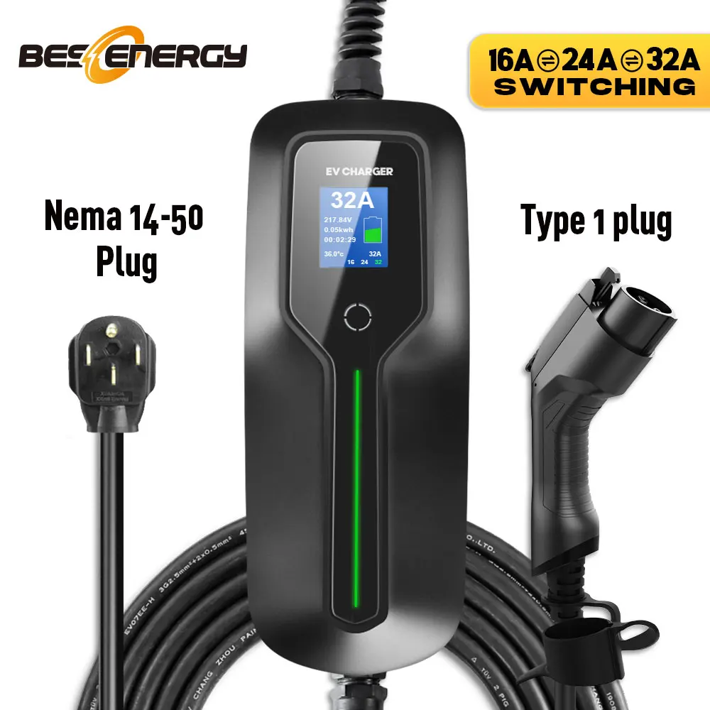 

16/24/32A Switchable EV Charger Type1 Plug For Level2 SA-E J1772 NEMA14-50 20feet Cable Electric Car Charging Box For All Car