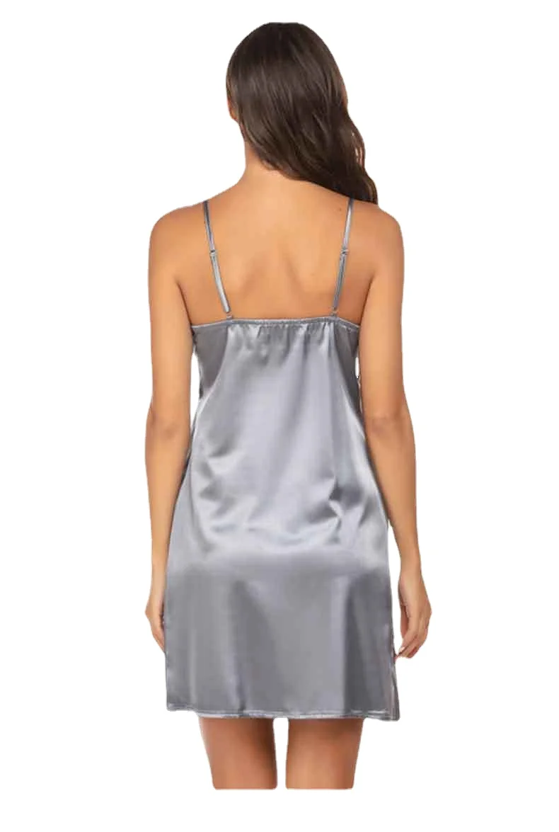 Women Satin Pajamas Dress Sexy Spaghetti Strap Lace Splicing V Neck Silk Night Gown Female Casual Comfortable Solid Home Clothes