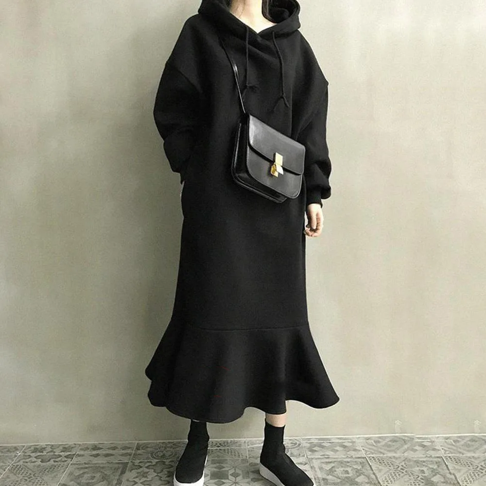 

Autumn Spring Loose Plush sweater Dress Women 2021 New Solid Color Fashion Casual Ladies Dress Long Sleeve Cotton Mermaid Dress