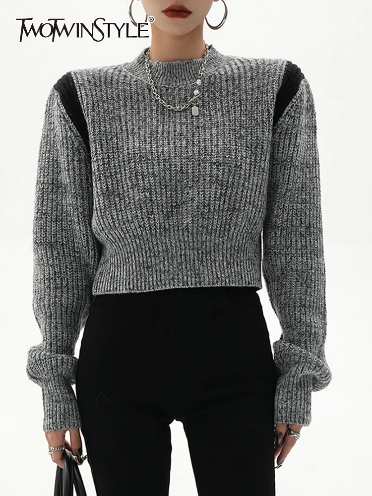 

TWOTWINSTYLE Colorblock Casual Knitting Sweaters For Women Round Neck Long Sleeve Minimalist Temperament Slimming Sweater Female