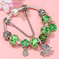 womens charm bracelet bangle with love and flower beads women wedding jewelry fresh green printed butterfly charm beaded