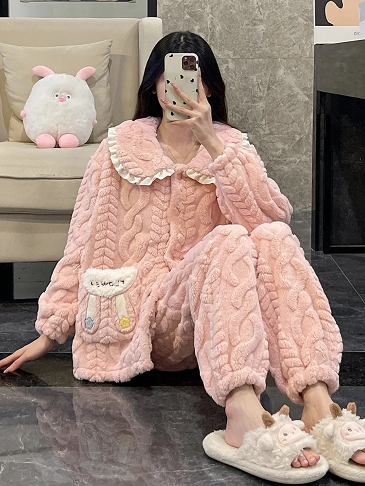 Autumn and Winter Coral Fleece Pajamas for Women Plus size Thick Warm Flannel Can Be Worn outside Spring Pink Home Wear Set