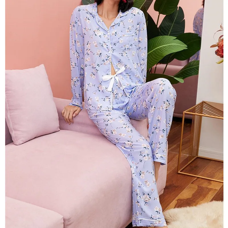 100% Viscose Sleepwear WInter Women Pajamas Set Two Pieces Set Pajamas Pjs Full Sleeve Flower Print NIghtwear Pijamas