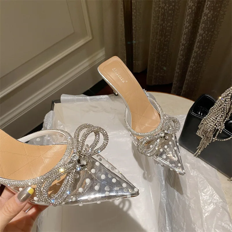 Alionly 2024 новые женские туфли на шпильках Baotou полупрозрачные сандалии с бантиком