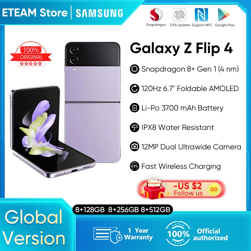 

New Original Samsung Galaxy Z Flip 4 5G Smartphone Flip4 Snapdragon 8+ Gen 1 6.7'' 120Hz 25W Fast Charge Mobile Phone
